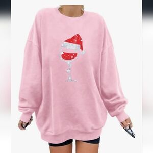 Pink Santa Wine Glass Sweatshirt New
